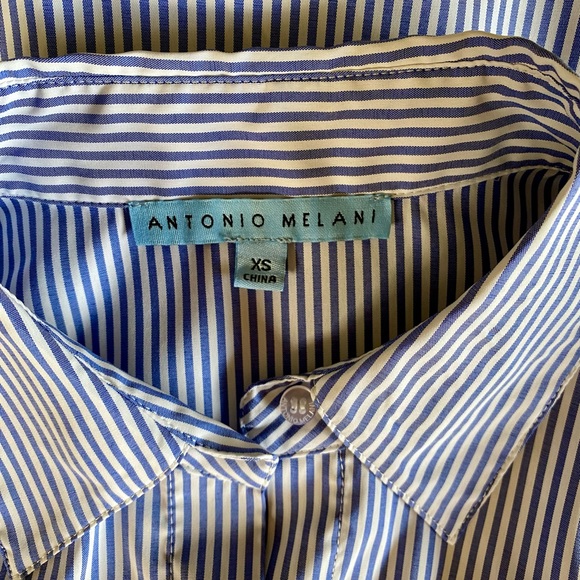 ANTONIO MELANI Poplin Front Tie Button Down Blouse | Blue White Stripe | Size XS - Picture 6 of 7
